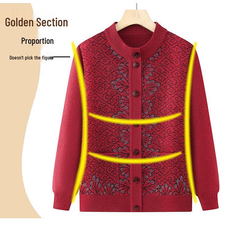 Round Neck Knitted Cardigan for Middle-Aged and Elderly Women - Grandma Style Sweater for Spring and Autumn