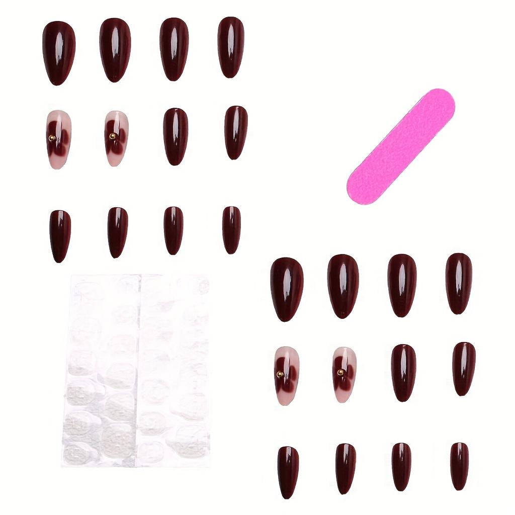 24PCS Short Almond Press On Nails, Burgundy Gold Bead Floral, Glossy Fake Nails for Daily Party Wear, with Tool Kit Gift