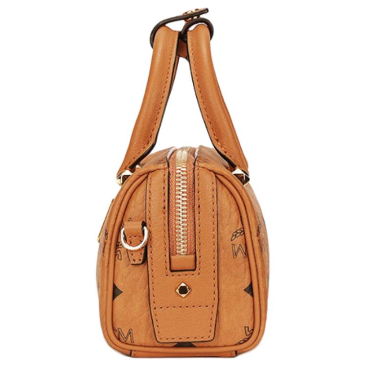 MCM Visetos Cognac Leather Mini Boston Crossbody Bag with Gold Hardware for Daily Use