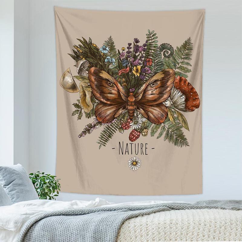 Boho Sun Moon Tapestry, Nature Wall Hanging, Vintage Mushroom & Fern Print for Cottagecore & Witchy Room Home Decor