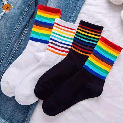 1 Pair Women's Spring And Summer Pure Cotton Rainbow Stockings Comfortable, Soft And Sweat Absorbing Surprise Gift