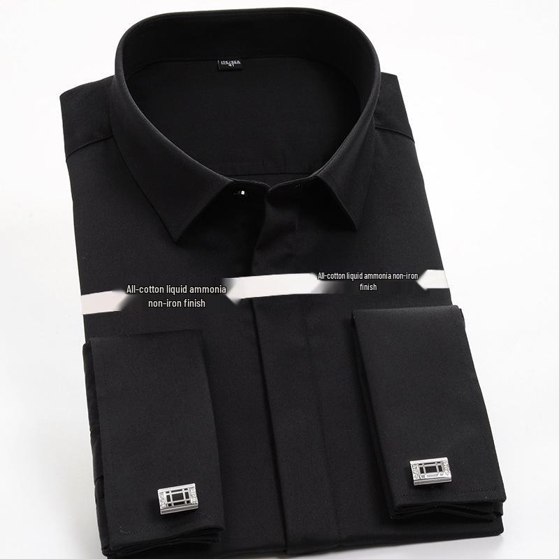 

Мужская рубашка с длинным рукавом Golden Shield, черная, с французскими манжетами, приталенного кроя, не требующая глажки, из чистого хлопка 41