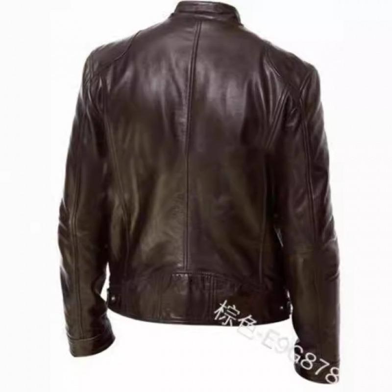 Men Stand Collar Long Sleeve Loose Fit Pu Leather Zipper Jacket
