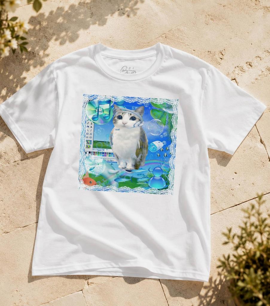 Comfort Colors® Blue Aquarium Cat T-Shirt | Frutiger Aero Cat Meme T-Shirt | Y2K Cat Graphic T-Shirt, Frutiger Aero Shirt, Cute Y2K Shirt