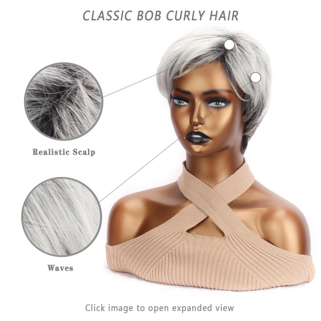 Synthetic Short Straight Wigs With Bangs Extensions Grey Wig Fiber Wigs For Women