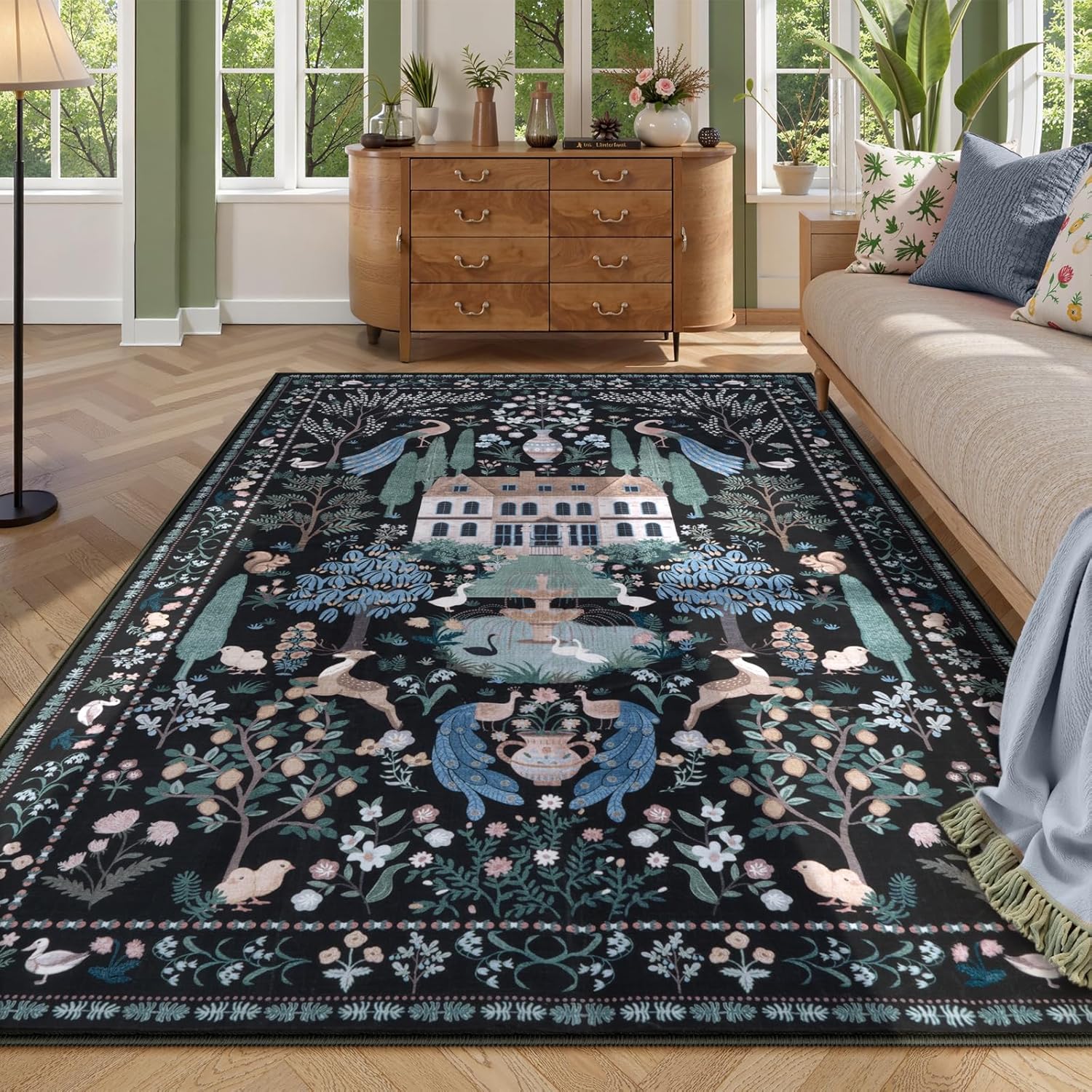 

Botanical Bird Print Area Rug – Fresh Nature-Inspired Living Room Carpet, Non-Slip Stain Resistant Easy-Care Bedroom Bedside 60*90cm