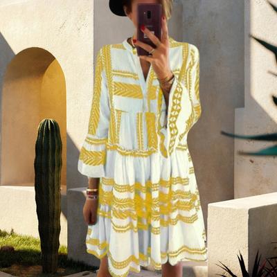 Vestido Curto Plissado de Verão Feminino Yousheng com Babados Manga 3/4 Decote V Botões Vestido Mini Boho Solto Fluido Vestido de Praia