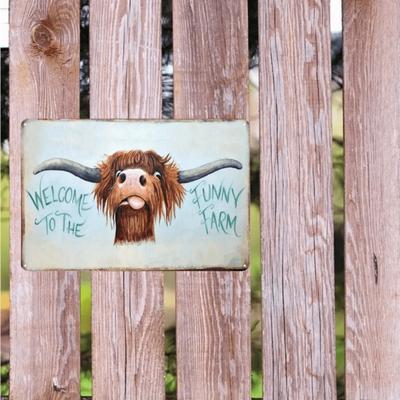 1 Peça Placa de Lata Vaca das Terras Altas "Bem-Vindo à Quinta Divertida" 8x12Pol/20x30Cm - Arte Metálica de Animais, Decoração de Sala de Estar Rústica