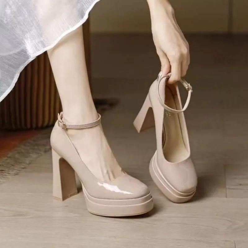 Fashion New Summer Buckle Banquet Shoes Women's Square Toe Shallow Mouth Platform Non-slip Super High Heel Single Shoes