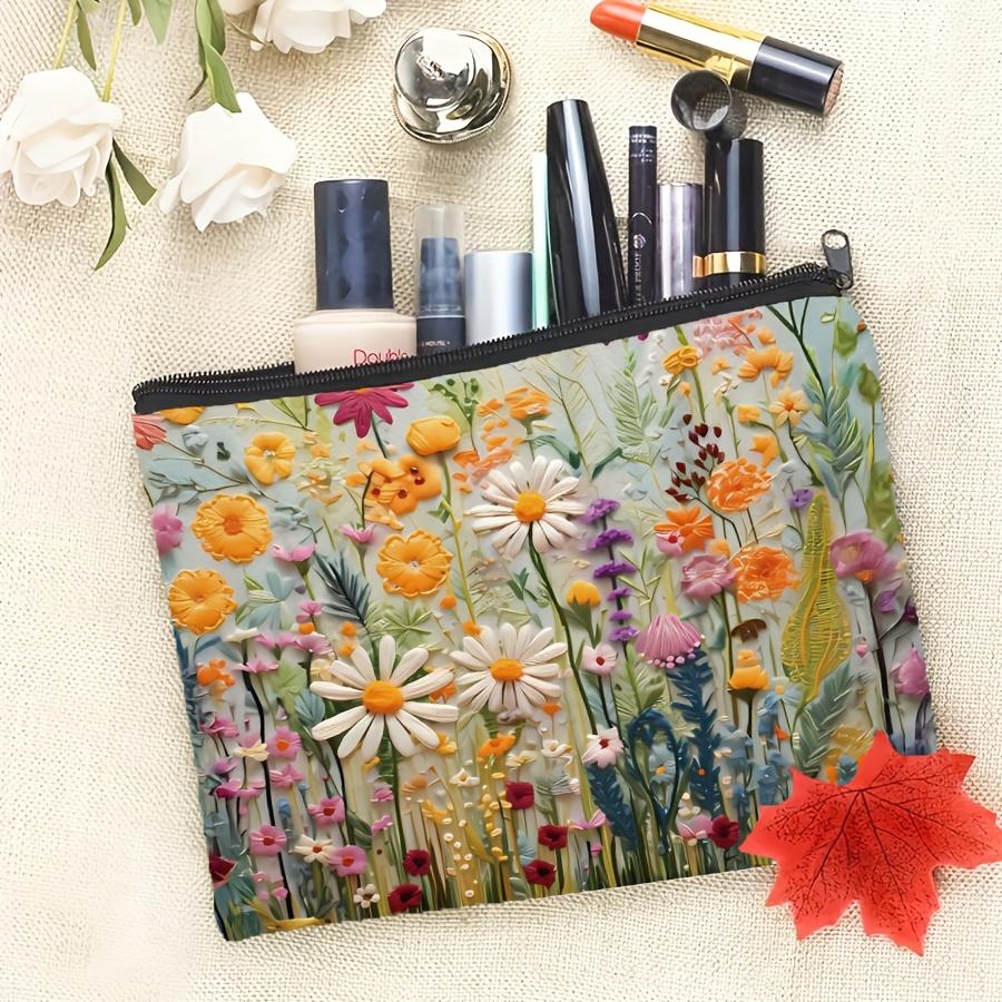 Floral Travel Cosmetic Bag (2D Flat Non-Embroidery) Fashionable Style Zipper Cosmetic Storage Bag, Portable Multi-Function Case