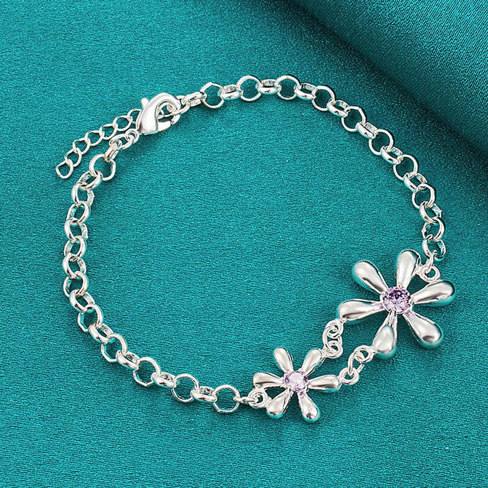 

Браслет из стерлингового серебра 925 пробы с двойным цветком и цирконом для женщин, свадебная вечеринка, модные очаровательные ювелирные изделия 20cm