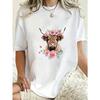 Oversized T Shirt Black Cow With Flower Crown And Roses Print Casual Streetwear For Women