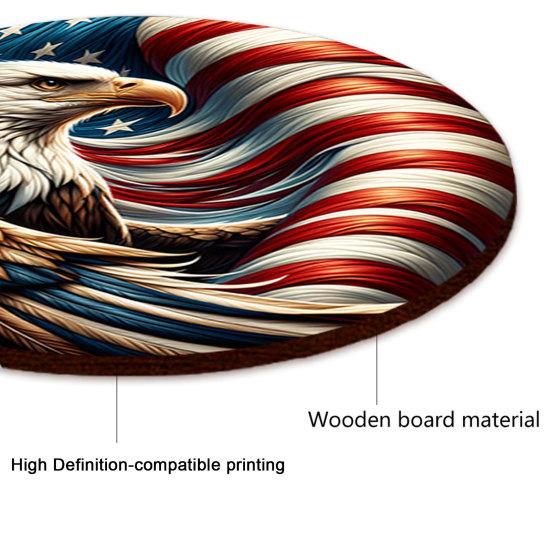 Patriotic Wooden Coasters, Vintage American Theme Coasters with Heat Resistant & Non-Slip Design, 10cm Round Universal Size for Holiday Decor