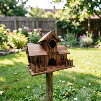 Domek dla ptaków na zewnątrz Drewniany domek dla ptaków z platformą do siedzenia Czterootworowy Rustykalny domek dla ptaków Pasuje dla błękitówek kanarków kardynałów do ogrodu na tyły domu