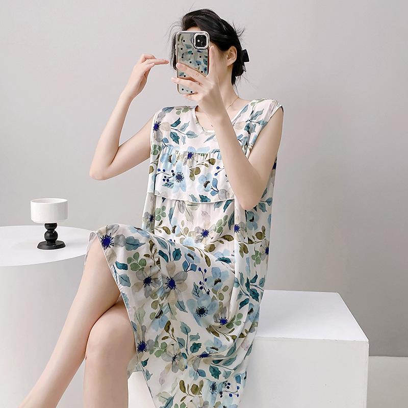 Ethnic vest women's nightgown summer thin cotton and silk loose artificial cotton loungewear casual suit thin skirt