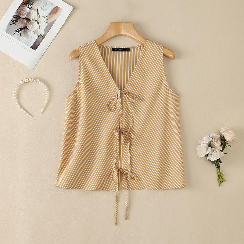 ZANZEA Women Lace-up V-Neck Casual Sleeveless Stripe Tank Tops S