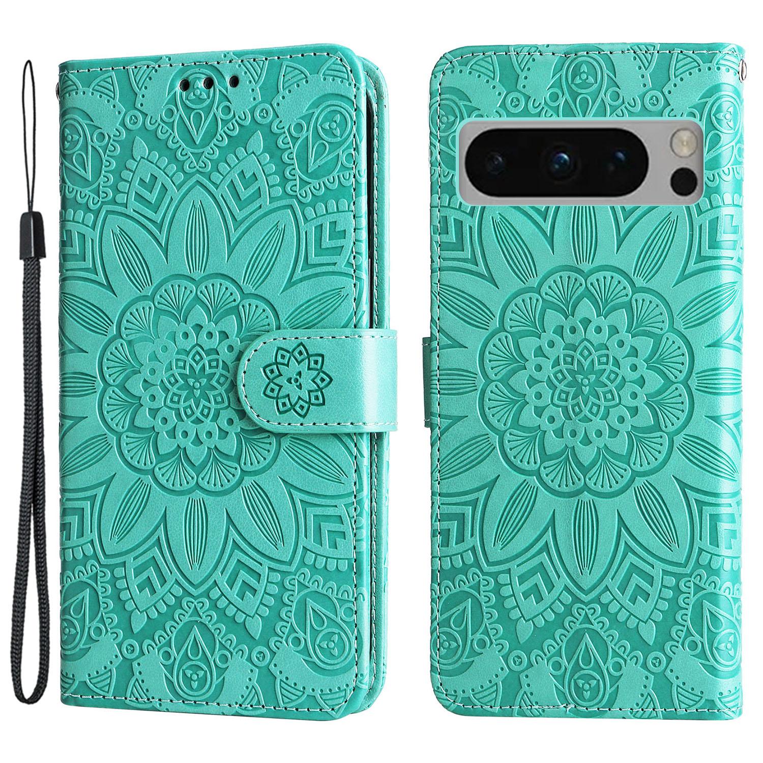

For Google Pixel 8 Pro Imprinted Sunflower Phone Case PU Leather Wallet Stand Cover Green