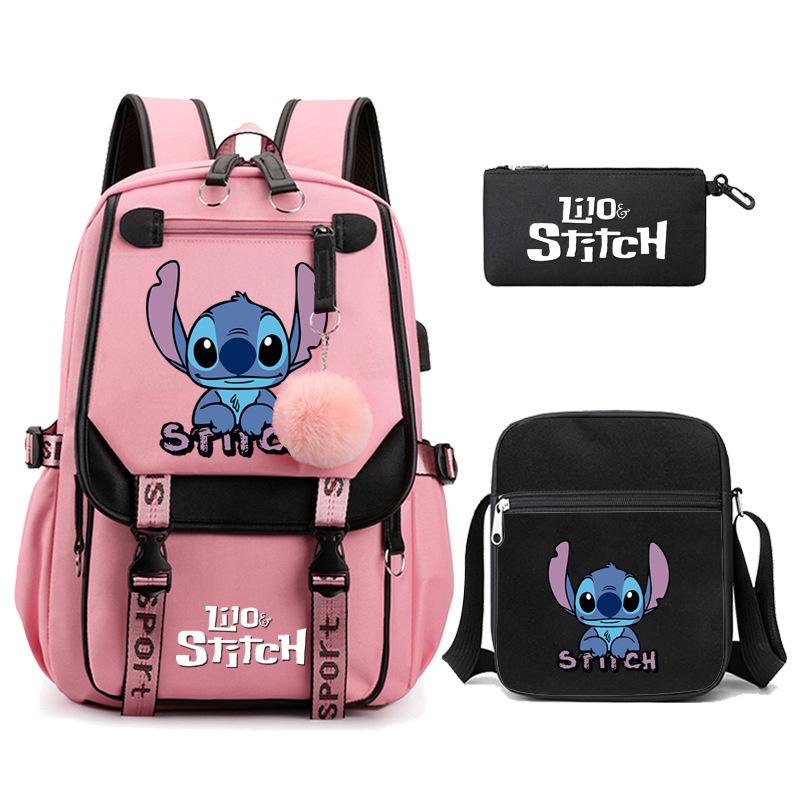 Cute Cartoon Print Backpack Set for Teens Students 3-Piece Set Laptop Bag Pencil Case Crossbody Bag