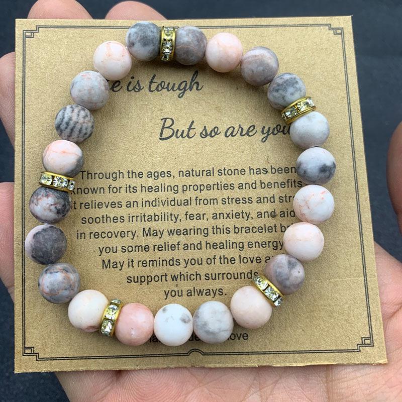 8mm Pink Zebra Stone Bead Bracelet with Gift Card: Perfect Holiday Friendship & Love Gift for Men & Women