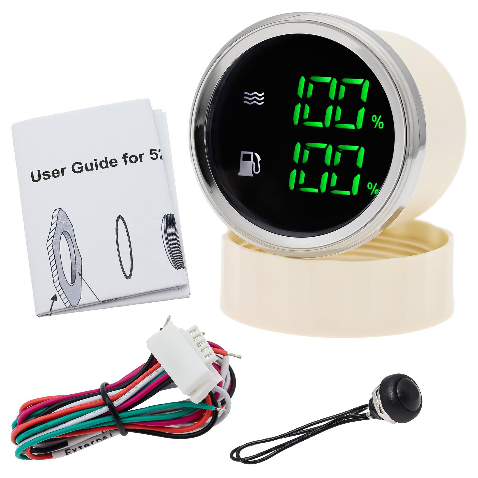 Universal 52mm LED Digital Dual Car Gauge Oil Level Meter + Water Level Gauge 2-in-1 Meter 2inch For Car Boat Marine 12V 24V