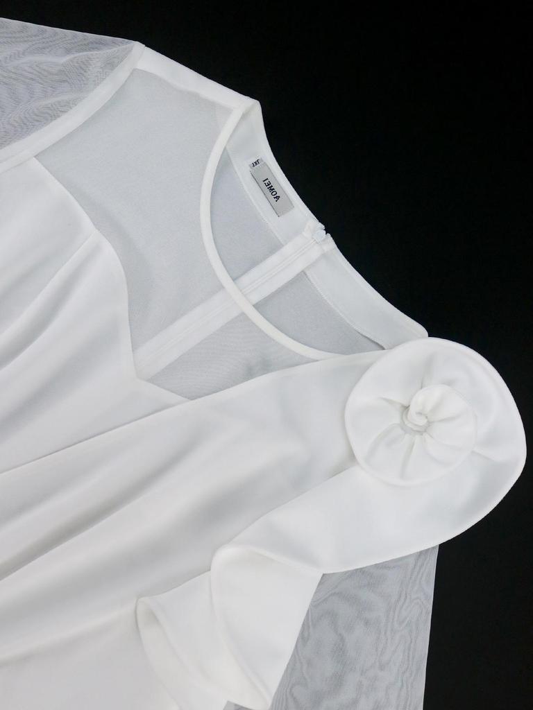 AOMEI White A Line Dresses O Neck Half Sleeve Ruffles Flower Evening Birthday Party Midi Gowns Dress for Women