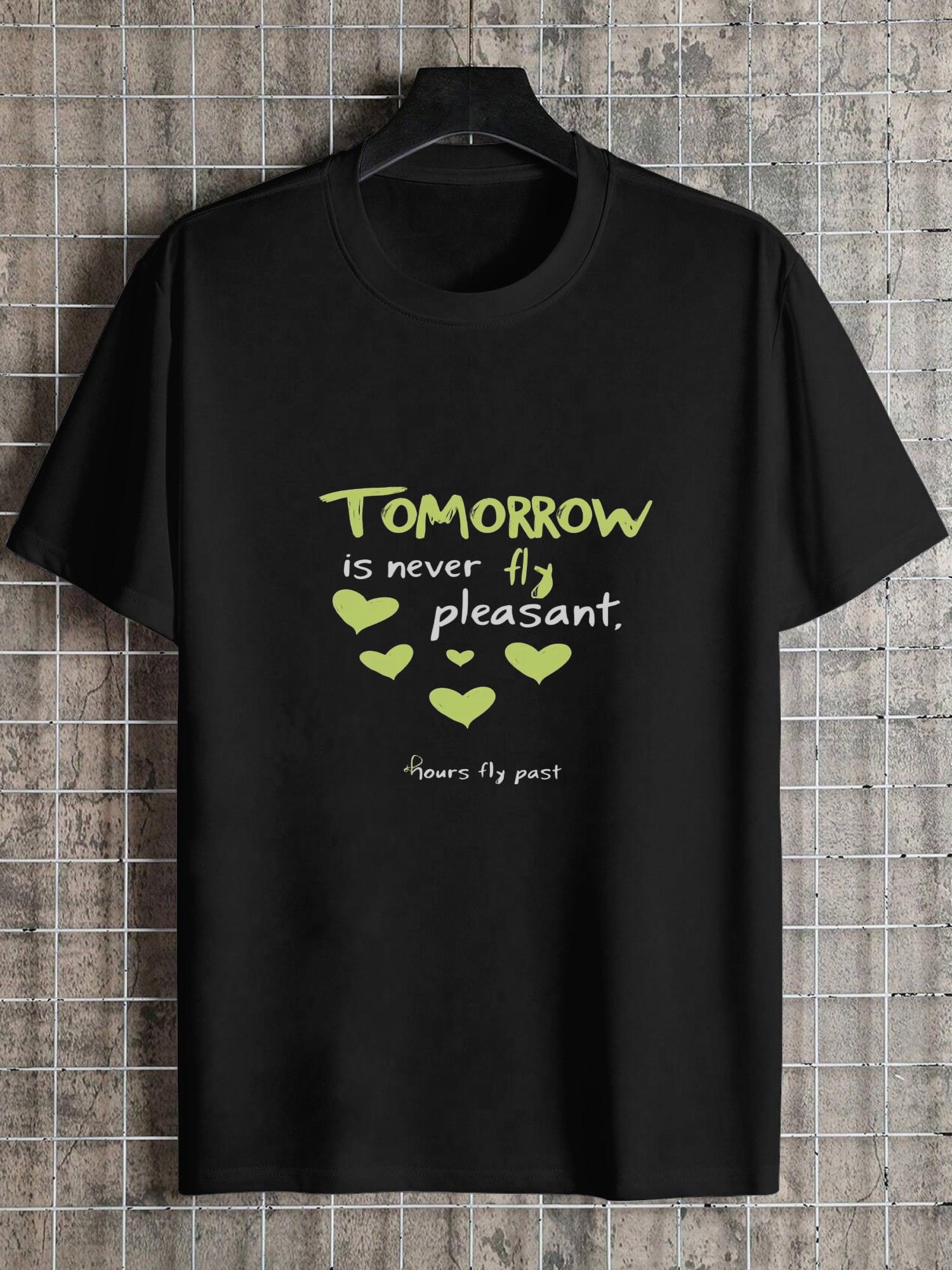 

1pc Casual Short Sleeve T-shirt - 180g Cotton Crew Neck Tee with Tomorrow Never Fly Past Quote & Geometric Heart Print S