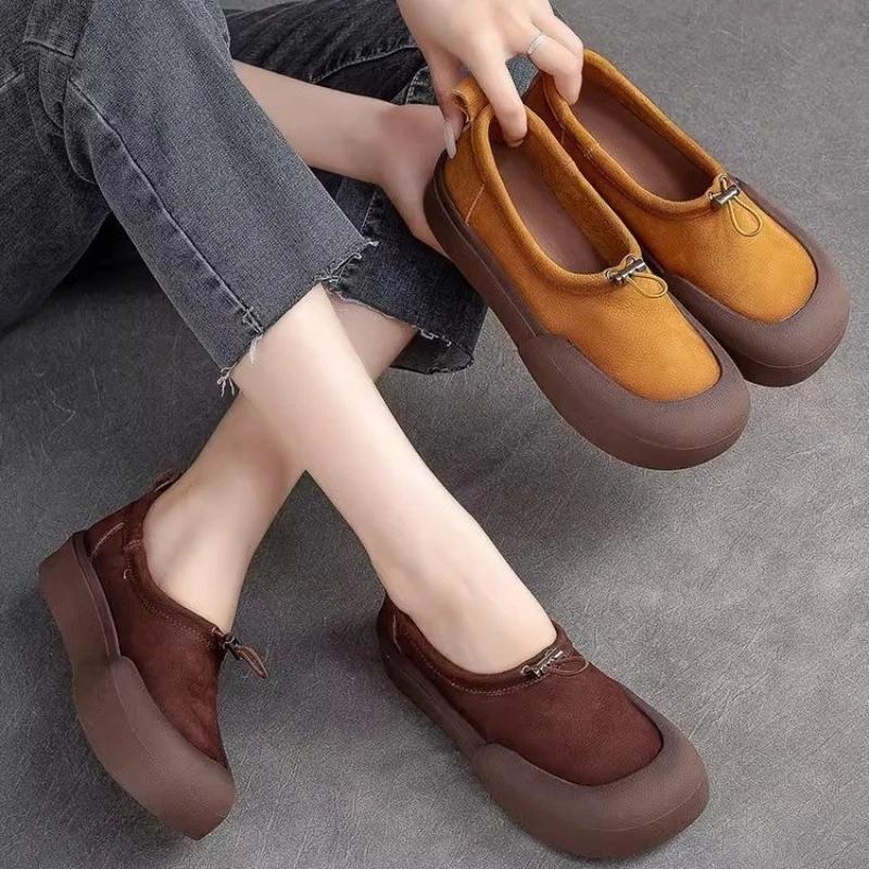Fashion Platform Shoes for Women Retro Leather Round Shoes Women Comfortable Soft Soles Shoes Slip-on Flats Breathable Female Footwear