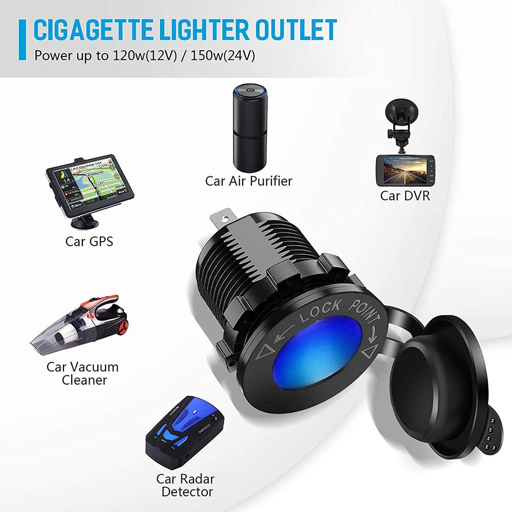 12V Cigarette Lighter Socket Quick Charge PD QC3.0 USB Charger Power Outlet with Button Switch for Car Boat Marine RV Golf Cart