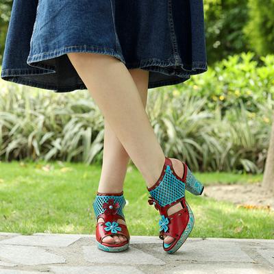 Genuine Leather Patchwork High Heels Retro Embossed Hand-painted Pumps Versatile Women's Shoes
