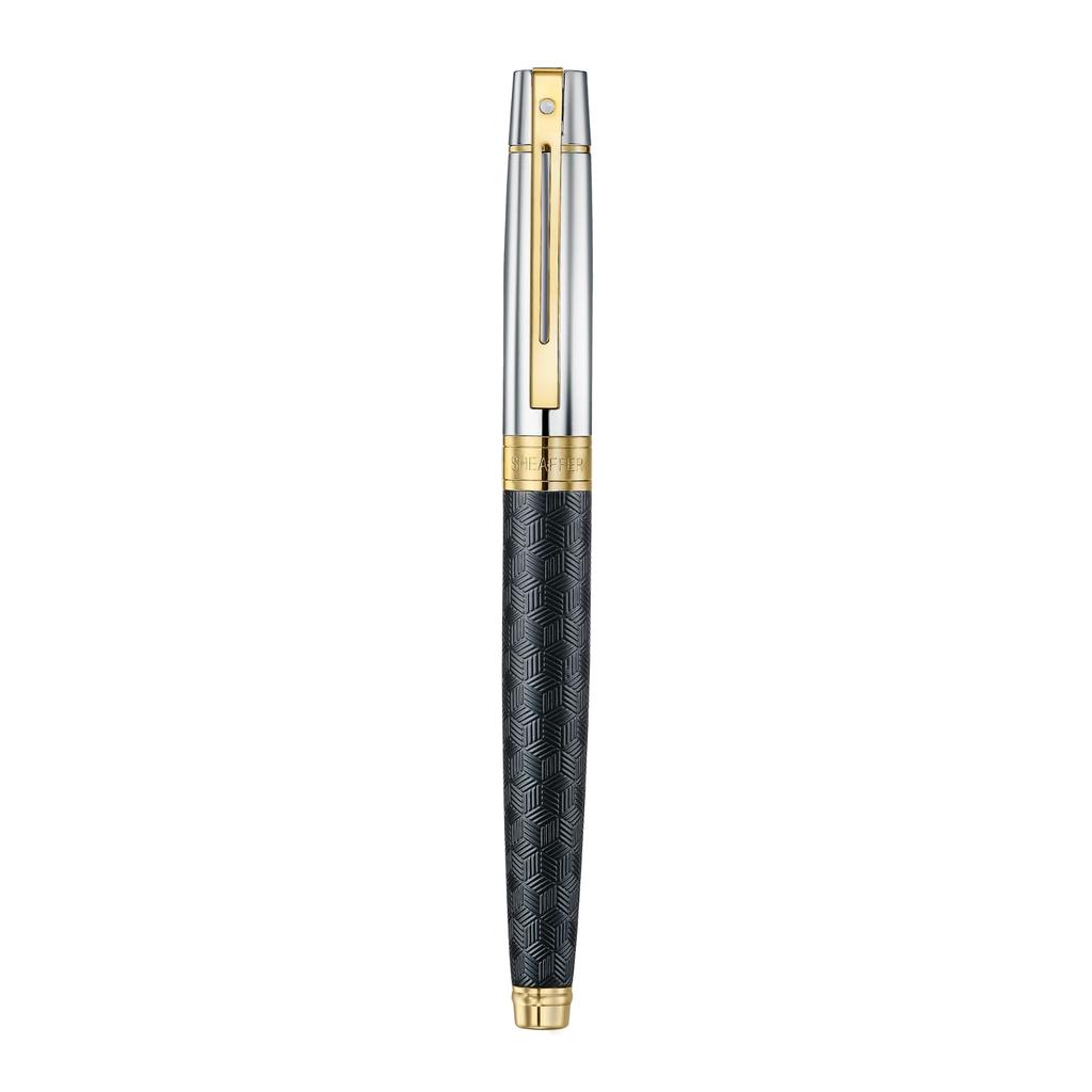 Sheaffer 300 Fountain Pen E9347 Engraved Matte Black Barrel with Polished Chrome Cap and PVD Gold Trim Fine Nib Premium Fountain Pen