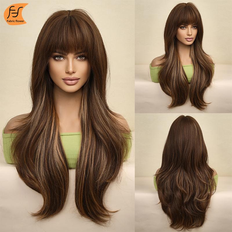 European-American Long Bangs Hair Gradual Golden Brown Long Hair Wig Head Cover
