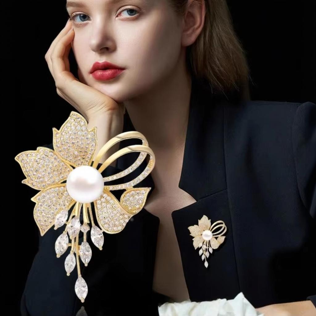Floral Tassel Brooch with Micro Pave Zircon Copper Base Thick Gold Plating Imitation Pearl Pin for Suit Dress Accessories