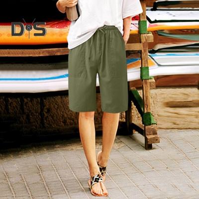 Women's Cotton Linen Summer Shorts Casual Wide Leg Drawstring Shorts with Pockets Knee Length Trunks for Outdoor Beach Vacation