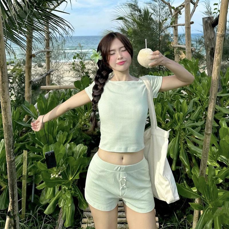 

Korean Chic One-Shoulder Backless Tie-Up Short-Sleeve Swimsuit for Women Extra Large