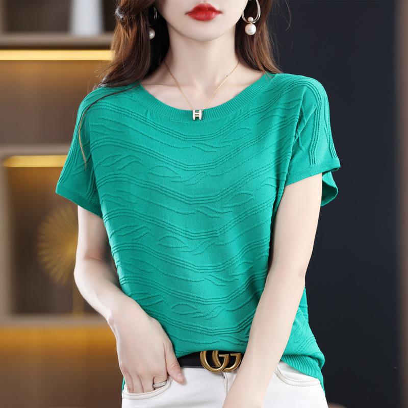 IHUASU Women's Short-sleeved O-neck T-shirt Loose Temperament Commuting Bottoming Spring and Summer Ice Silk Tops