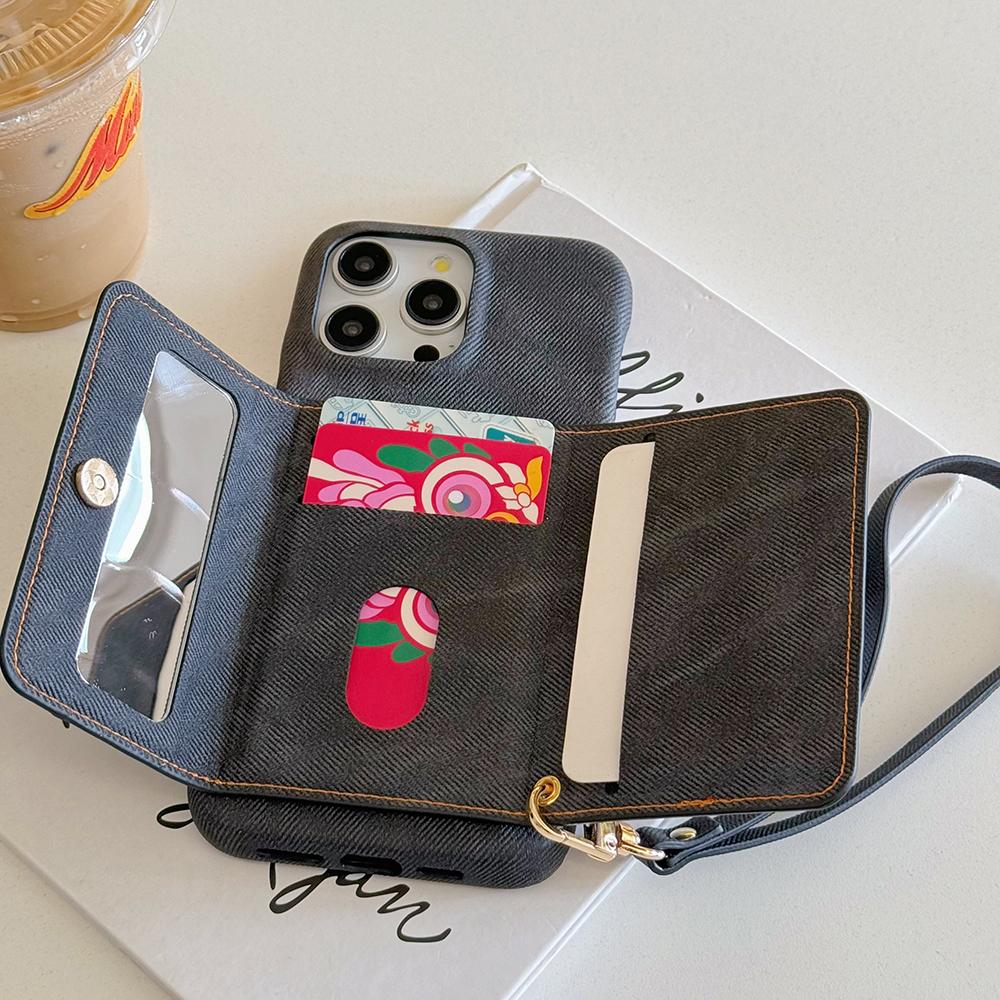 Für iPhone 16 Pro Hülle Kartenfächer Spiegeldesign Jeansstoff Textur PU Leder Rückseite mit Trageband