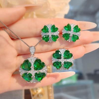 Mode Leichter Luxus Herzförmiger Kleeblatt Anhänger Halskette Blume Ring Simulation Smaragd Diamant Ohrstecker Buntes Schatz Set Damen