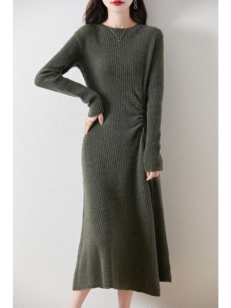 Women's Cashmere Knit A-Line Dress - Mid-Length, Round Neck, Over-the-Knee, 100% Pure, Casual and Versatile