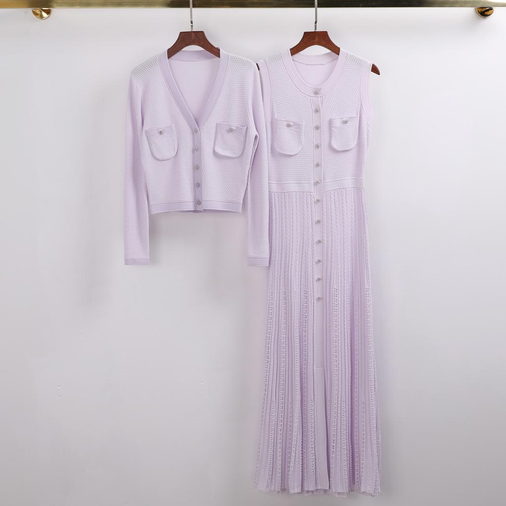 Cross-border spot new high-quality slim long-sleeved top knitted cardigan jacket + sleeveless dress set for women
