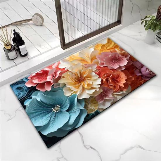 3D Visual Flower Diatom Mud Floor Rug Realistic Floral Doormat Anti-Slip Absorbent Mat for Bedroom Kitchen Bathroom Sofa Coffee Table