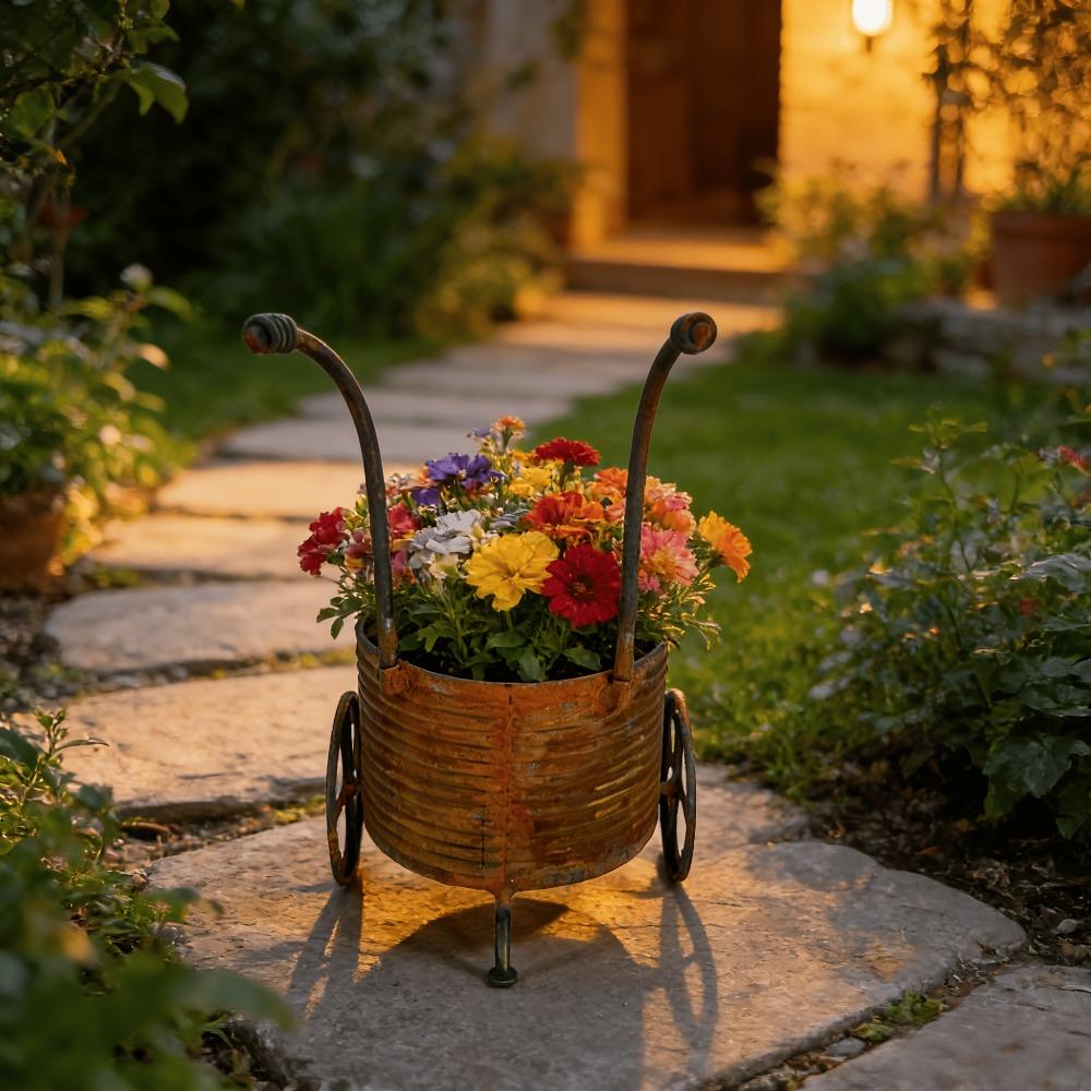 Rustic Iron Wrought Small Trolley Planter Distressed Four-leaf Clover Wheeled Flower Pot Creative Decorative Piece for Balcony