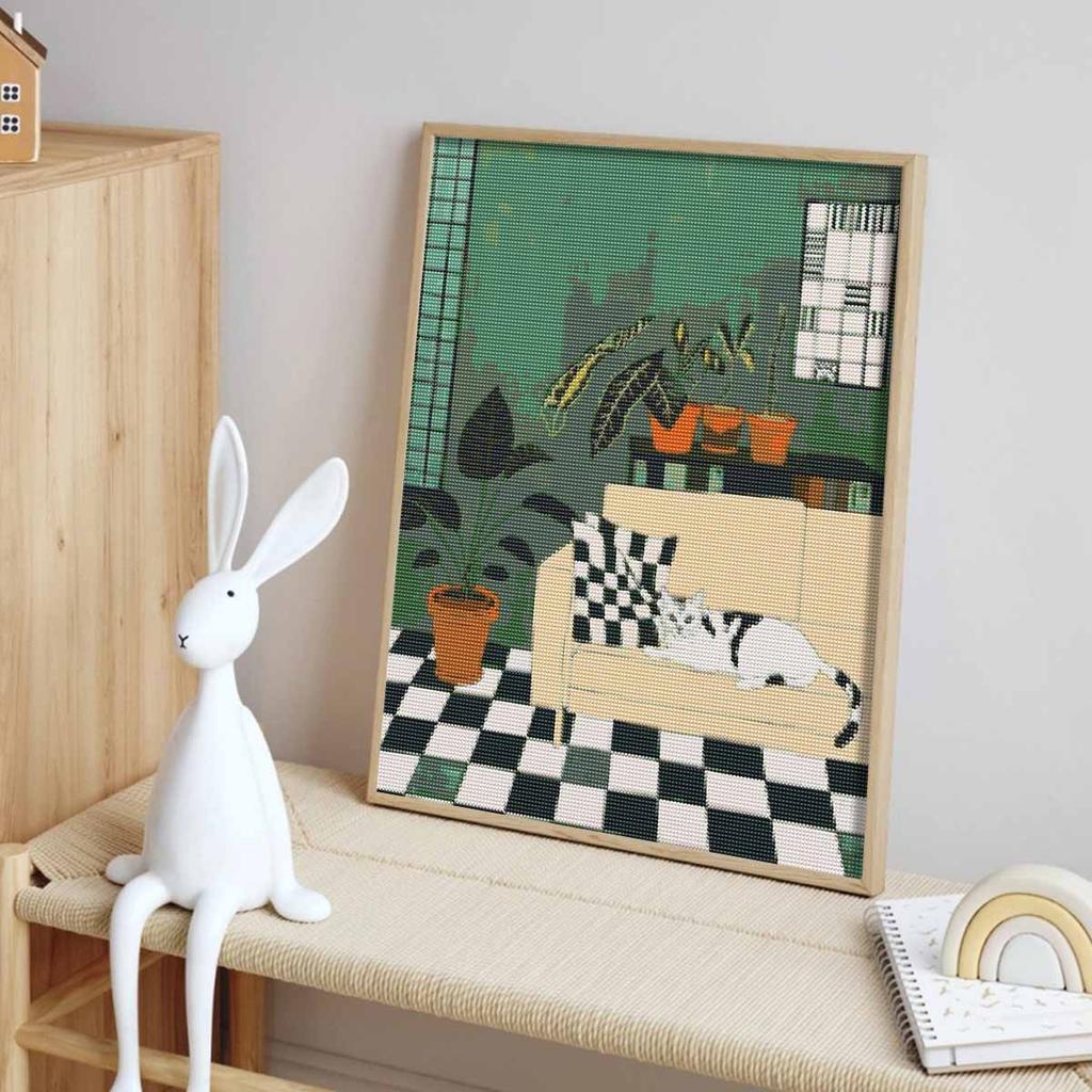 Diamond Painting Kit Full Diamond Round Mosaic Cozy Living Room Cat Sofa Plants Checkerboard Home Decor Gift