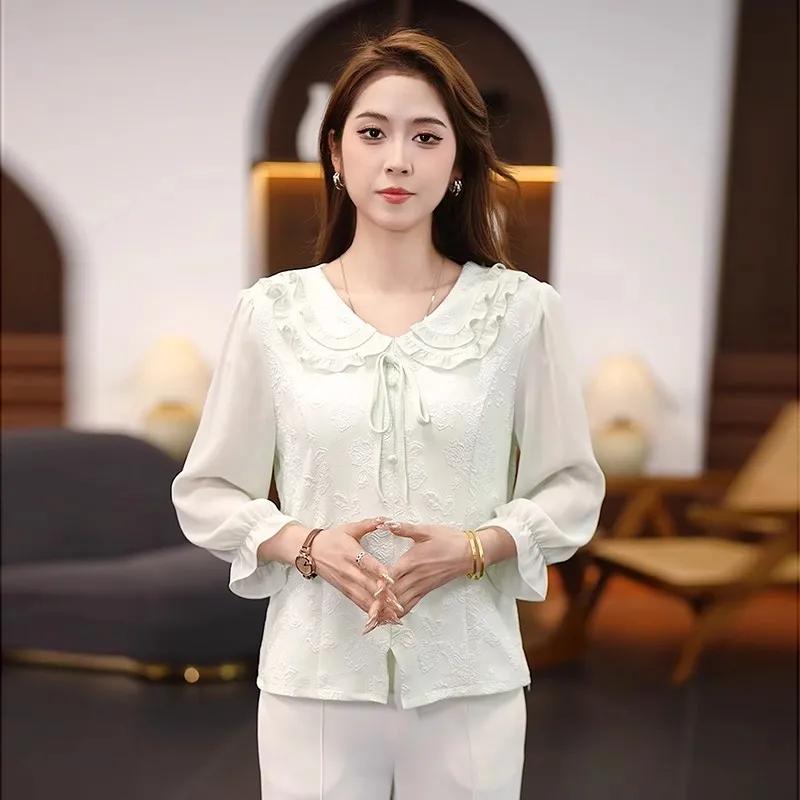 Women's White Lace Blouse Long Sleeve Ruffle Neck Bow Tie Detail Casual Top