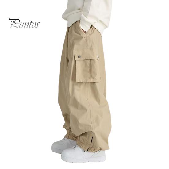Men Pants with Multi Pockets Elastic Waist Ankle-banded Oversized Vintage Cargo Pants Solid Color Streetwear Slacks for Outdoor Hiking Camping