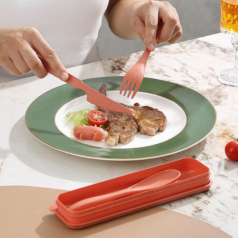 3Pcs Wheat Straw Dinnerware Set Portable Tableware Knife Fork Spoon Eco-Friendly Travel Cutlery Set Utensil Box Chopsticks Set