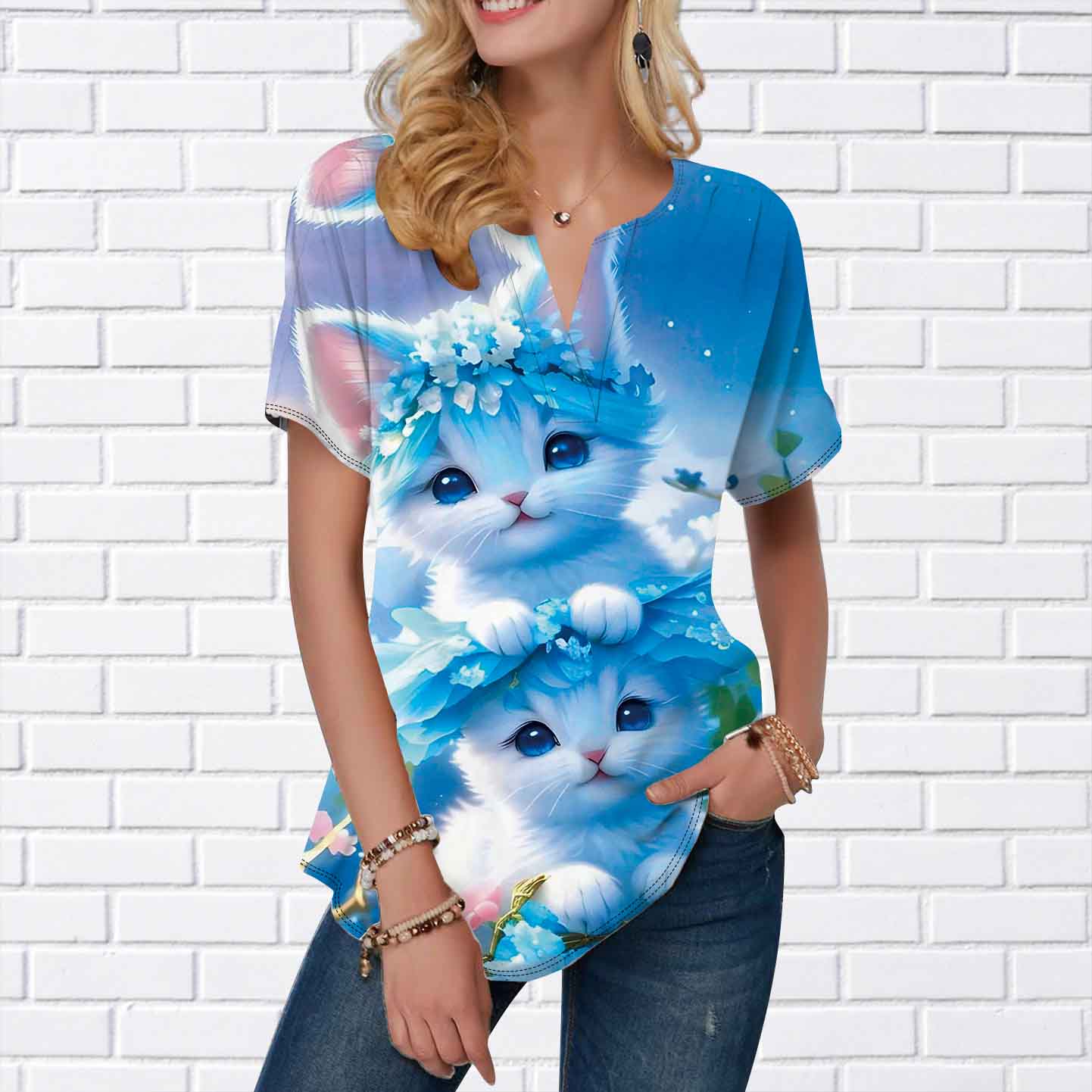 

Женская летняя футболка с принтом котов-близнецов, футболки с короткими рукавами, повседневные топы с принтом, маленький v-образный вырез с короткими рукавами 6XL синий