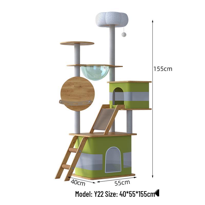 Large Wooden Cat Tree & Scratching Post with Space-Saving Design - Integrated Climbing Frame & House