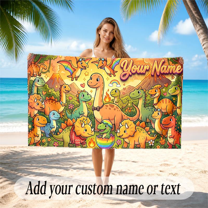 Dinosaur Theme Quick Dry Beach Towel Custom Name Text Print Large Sand Resistant Towel Beach Vacation