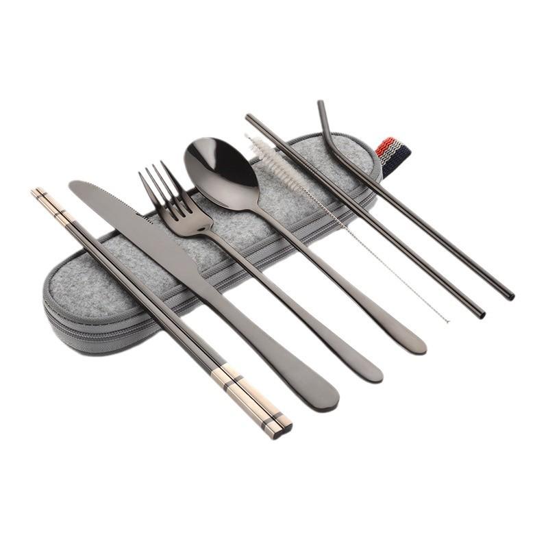 Cross-border Stainless Steel Travel Cutlery Set: Knife, Fork, Spoon, Straw, Chopsticks, and Portable Bag.
