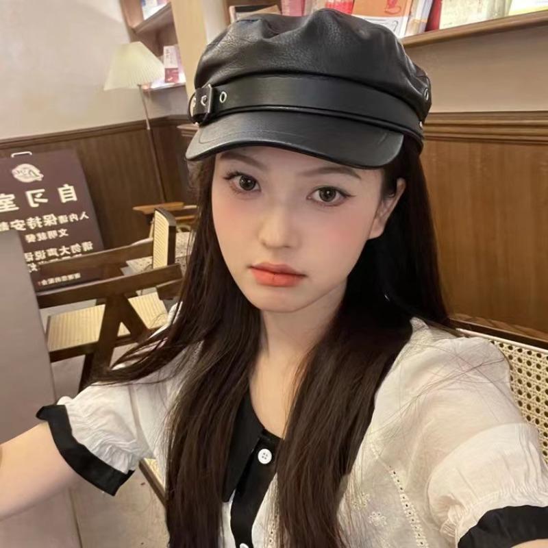 Fashion Y2k Gils Punk Beret Caps Gothic Black Pu Leather Flat Top Baseball Caps Vintage England Flat Women Berets Cosplay